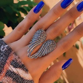 Xduargs Punk Angel Wing Finger Ring Vintage Feather Wing Wrap Open Ring Gothic Silver Wing Open Knuckle Ring Adjustable Guardian Angel Stacking Ring Jewelry for Women and Girls