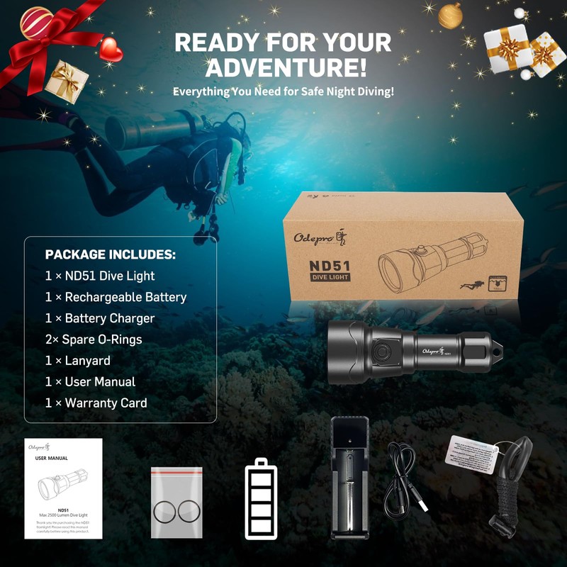 Odepro ND51 2500 Lumens Super Bright Dive Light with 4