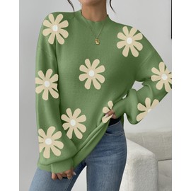 Zeagoo Sweaters for Women 2024 Fashion Trendy Long Sleeve Turtleneck Pullover Lantern Knit Sweater Tops Green-Flower