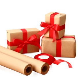 Feifeiya Christmas Gift Wrapping Paper roll, Brown Kraft Gift Paper, 2 Rolls 17.5'' x 33' Wrapping Paper Roll, with 1 Roll 1'' x 25 yd Red Stain Ribbon