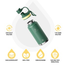 IDEUS Vacuum Insulated Water Bottle, 32 oz (950 ml) Stainless Steel Double Wall Bottle Metal Sports Canteen with Leak-Proof Screw Cap (Green)