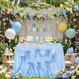 LJIE-House Blue Cute Tablecloth - Bow Table Cloth for Various Table Decoration - Satin Fabric Tablecloth for Holidays Baby Showers Weddings Theme Parties -1pack