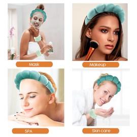 Green Spa Headband for Facial Cleansing & Skincare Routines | Makeup Headband with Wristbands | for Women's Beauty Regimen | Stylish & Functional Accessory |Soft & Comfortable Design