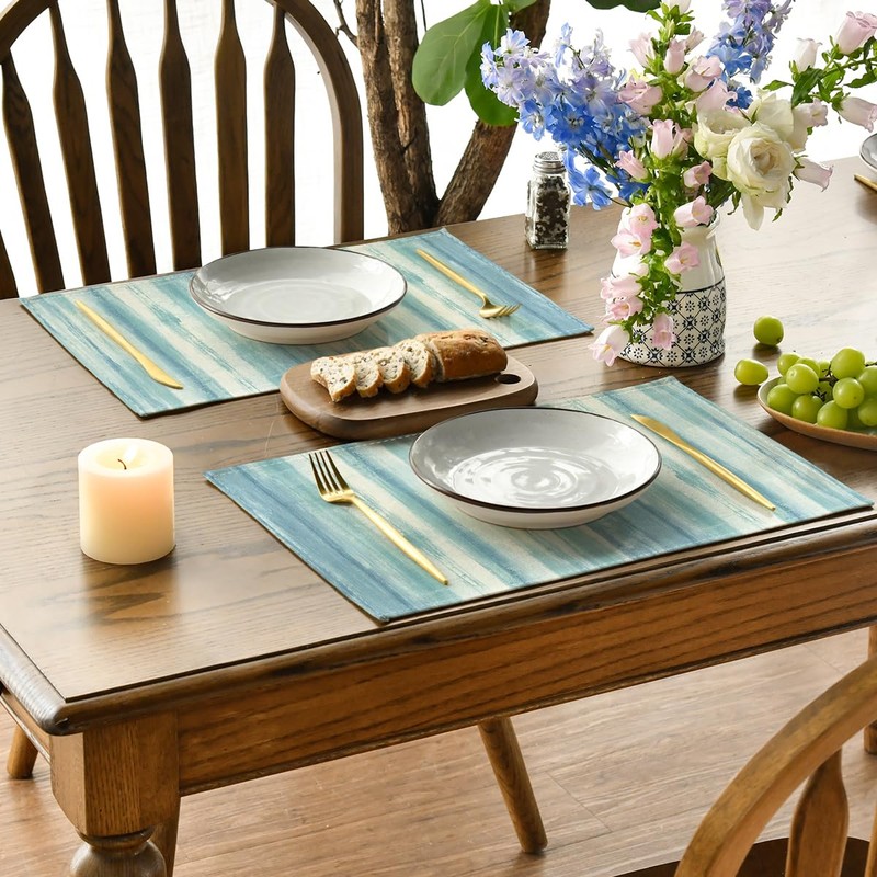 Blue Watercolor Striped Placemats Set of 4, 12x18 Inch Seasonal