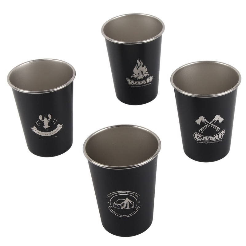 4pcs Camping Cups Black 350ml Outdoor Camping Portable Stainless Steel