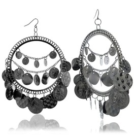 RechicGu Gold 1Pair Vintage Tribal Rare Coins Big Hoop Banjara Kuchi Belly Dance Chain Boho Gypsy Dangle Earrings,3.9",30g/pc