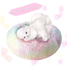 otoez Kitten Puppy Bed Extra Small XS Round Dog Cat Beds Anti Anxiety Plush Pet Calming Donut Bed with Non-Slip Waterproof Bottom, Washable (15.7", Rainbow)