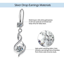 CERSLIMO Silver Drop Earrings for Women - Sterling Silver Dangle Earrings with Cubic Zirconia, Linear Twisted Hypoallergenic Dangly Earring for Girls | Jewellery Birthday Christmas Gifts, White