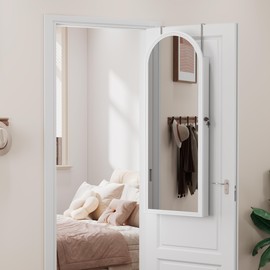 Lareth Jewelry Organizer Cabinet, 47.2 inch Tall Wall or Door Mounted Jewelry Armoire with 6 LEDs, Arched Hanging Lockable Storage Cabinet with Full-Length Mirror, 2 Drawers, Pure White