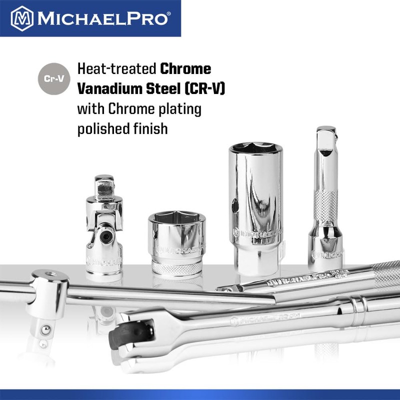 MichaelPro 50-Piece 3/8" Drive 90 Tooth Deep Socket Set, Premium