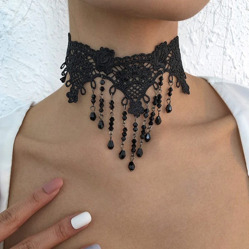 Asphire Gothic Lace Choker Necklace Black Crystal Tassel Collar Necklace