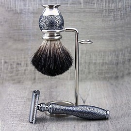 Silver Antique Selection – 3 Piece Shaving Set: Pure Badger Hair Shaving Brush, Safety Razor & Razor Stand for Razor and Brush + Free Aluminium Stick > Great Gift for Any Gentleman Vintage Inspired Collection