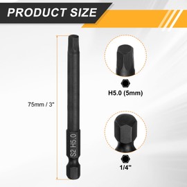 HARFINGTON Flat Hex Head Drill Bit H5.0 (5mm) Magnetic Tip 1/4" Hex Shank 75mm (3") Long S2 Steel Metric Hexagonal Screw Driver Screwdriver Bits Wrench Socket, Black