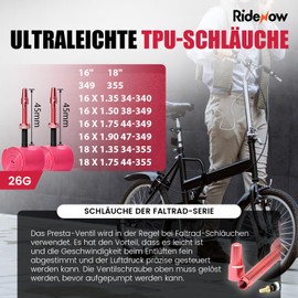 RideNow Folding Bike Inner Tube TPU Bicycle Inner Tube 2 Pack 26g 16/18 Inch (346-355 mm) Tubes, Ultralight Inner Tube with 45/65 mm Presta Valve Made of Metal