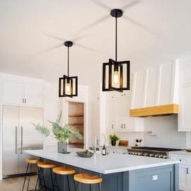 Mlihove Modern Pendant Lighting for Kitchen Island 1-Light Farmhouse Black Light Fixtures Hanging Adjustable Small Square Chandeliers Ceiling for Dining Room Entryway Hallway