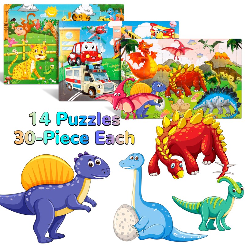Puzzles for Kids Ages 4-8, 14 Pack Wooden Jigsaw Puzzles