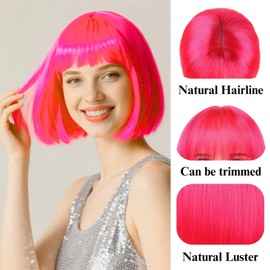 12 Inch Hot Pink Bob Wig With Bangs, Synthetic Colorful Cosplay Daily Party Neon Wig for Women, Adjustable and Natural Looking, Hot Pink