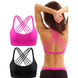 Patelai 2 Pack Womens Sports Bras for Women Cross Back Bra Workout Strappy Bra Seamless Comfortable Yoga Bra (X-Large, Black and Rose Red)