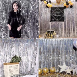 YIAGUN 2 Pack Silver Foil Curtains 1x2.5m Thick Laser Flash Tinsel Tassel Curtains Drag Cable Background Decoration Birthday Studio Props Graduation Engagement Party