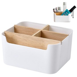Huamirra Desk Organiser, 5 Compartments Wooden Organiser, Desktop Multi-Purpose Storage Box, Bamboo Organiser Desktop, Pen Holder for Office, Bedroom and Living Room, White