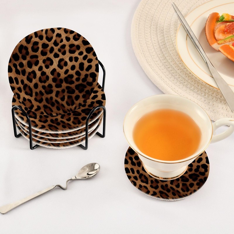 SDMKA Leopard Print 6 Pcs Cotton Woven Coasters with Holder