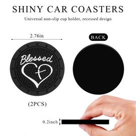 KVAEY 2 PCS Car Cup Holder Coaster, 2.76 Inch Anti Slip Vehicle Drink Mat with Cute Blessed Cross and Heart, Shockproof Cup Holder Coaster for Most Cars, Universal Car Accessories (Black)