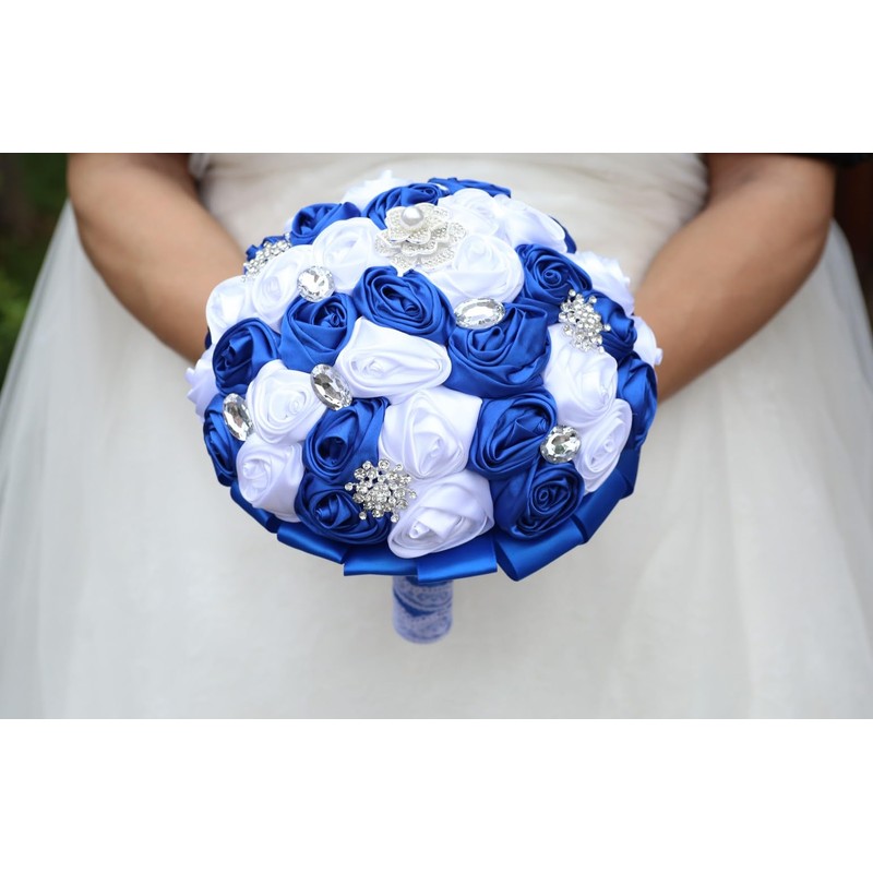 Gkvszy Royal Blue and White Bridal Wedding Bouquet with Silver