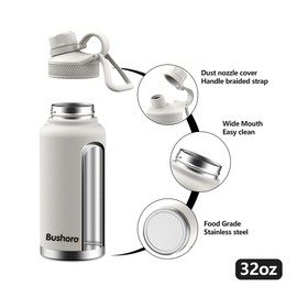 Bushora Insulated Water Bottle 32oz – Stainless Steel Sports Bottle with Optional Lids, Leakproof, BPA-Free, for Gym,Outdoor (White)