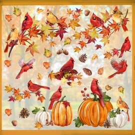 Mfault 52PCS Fall Maple Leaves Window Clings 9 Sheets, Autumn Cardinal Red Birds Pumpkins Wall Stickers Decal Decorations, Thanksgiving Harvest Season Farmhouse Living Room Home Kitchen Decor