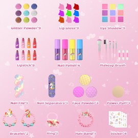 PERRYHOME Kids Makeup Set for Girls, 63 Pcs Washable Non-Toxic Real Cosmetic Toddler Makeup Kit, Unicorn Princess Play Makeup Toys Birthday Gifts, Dress up Time Girl Toys for 3 4 5 6 7 8 9 10 11 12