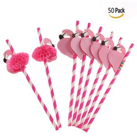 Xrten Pack of 50 Paper Drinking Straws with Flamingo Decorations, Straws for Cocktail Party