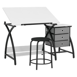 SD Studio Designs 2 Piece Comet Center Plus, Craft Table and Matching Stool Set with Storage and Adjustable Top, Black/White, 50x23.75x29.5 inches