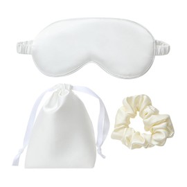 3 Pcs Artificial Silk Sleep Masks Set Satin Sleeping Eye Mask Hair Scrunchies Night Blindfold Blackout Eyeshades Eye Cover Wedding Bridesmaid Gifts White