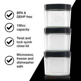 Alpha Designs - Alpha Pod Pack of 3 Sports Supplements Organisers - Protein Powder Container, Meal Prep Boxes (Black/Clear)