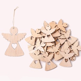 HERZONE 50 x Wooden Angel Pendants Christmas Guardian Angel Lucky Charm Christmas Decoration (Brown Angel with Heart)