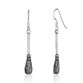 NKlaus Pair of Witches Broom Women's Gothic Earrings 925 Sterling Silver Motif Earring 4363, Silver
