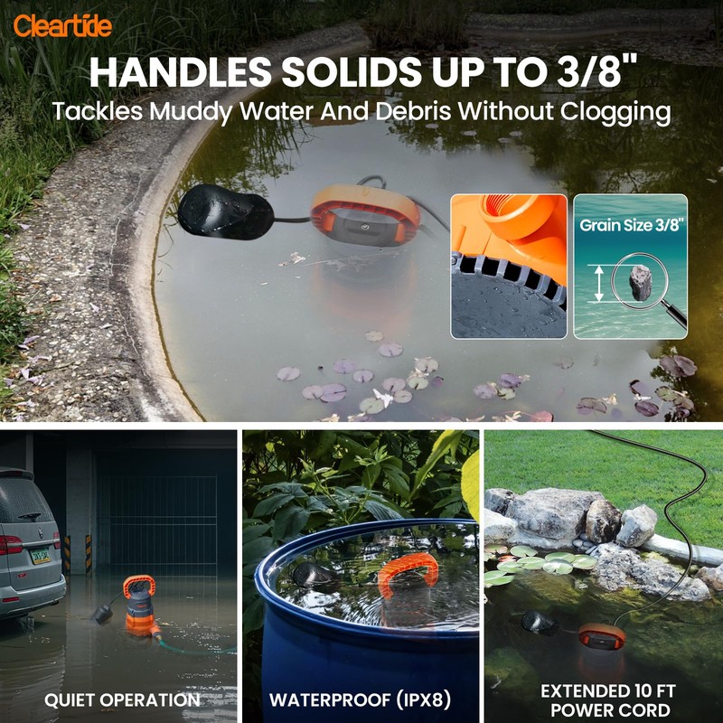 Cleartide Submersible Sump Pump with Tethered Float Switch, 1/2 HP