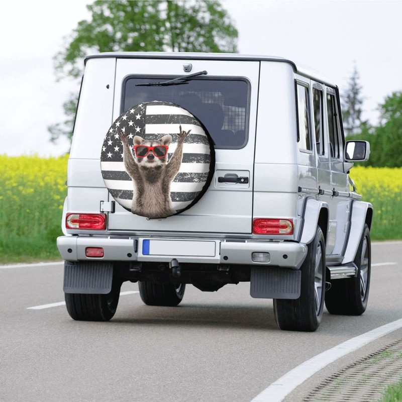 Funny Raccoon Spare Tire Cover Black White American Flag 15