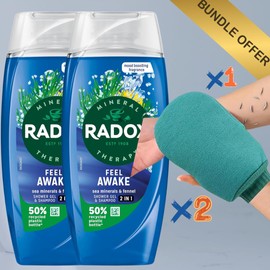 BVO Luxe Ultimate Shower Care Kit: Radox Feel Awake 2-in-1 Shower Gel 225ml with Sea Minerals & Fennel Unisex Shower Gel, budled with a BVO Luxe Dual-Sided Exfoliating Glove
