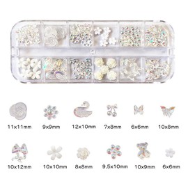 LIANHATA Nail Art Parts, Various Types, 3D Dimensional, Nail Parts, Decorative Parts, Nail Decoration, Rhinestones, Pearl, Ribbon, Butterfly, Flowers, Pearl, Resin, Cute, DIY Crafts, Handmade, Includes 2 Storage Cases