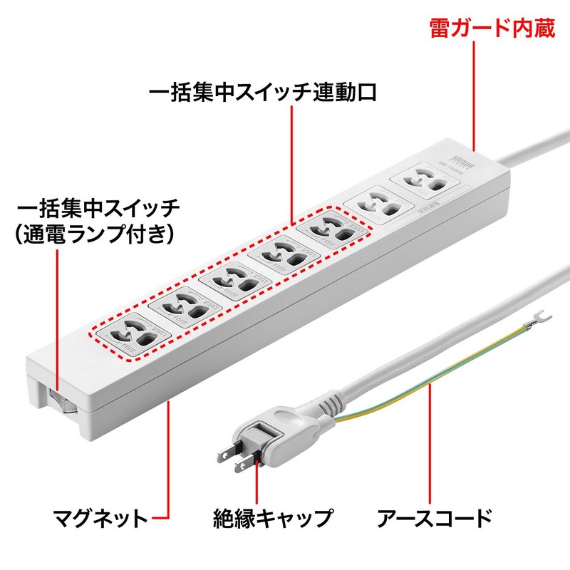 Sanwa Supply TAP-F37-2KSR Power Strip, 7 Outlet (3 P), 6.6