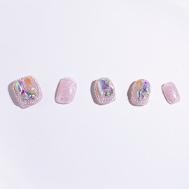 Light Rain Nails Press on - Sugar, 3D Handmade with Cute Pink Rhinestones Reusable Gel UV Finished False nails, Hand-Painted Fake Nails with Design by Professional Manicurist, Short Square, Large Size