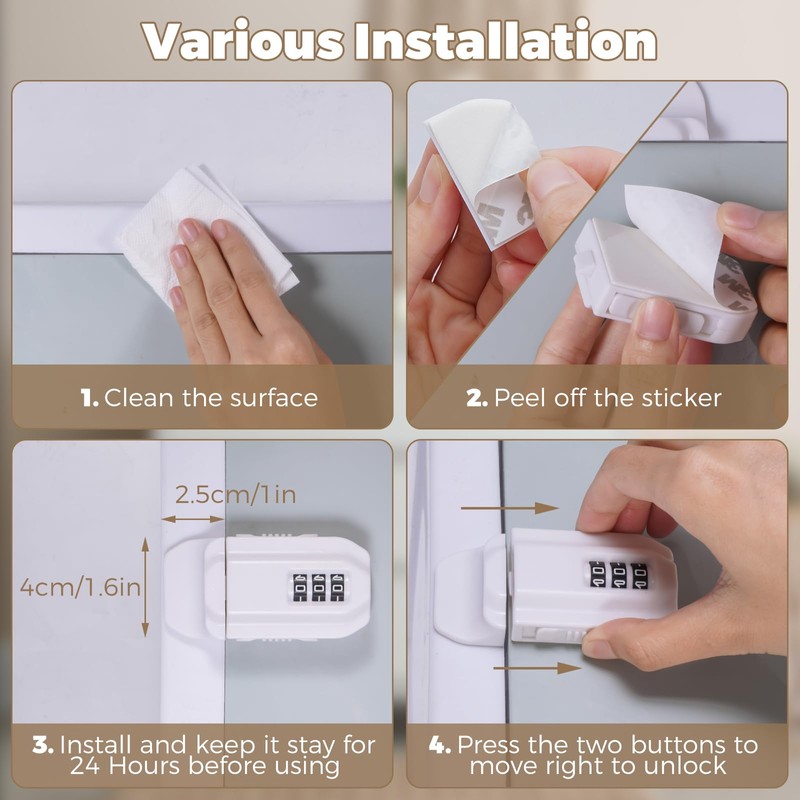 4 PACK Child Proof Sliding Cabinet Door Combination Locks Baby
