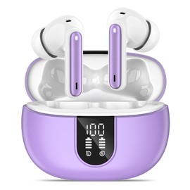 MoBadeety Wireless Earbuds, Bluetooth 5.3 Headphones 40Hrs Playtime Deep Bass Stereo, LED Power Display, Call Noise Canceling Headphones with Mic, IP7 Waterproof Earphones for iOS Android Purple