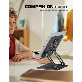 ToBeoneer Adjustable Tablet Stand for Desk, Premium Aluminum Holder for iPads, Tablets, Kindles, Switch, Phones, and All Devices up to 14 Inches. Portable and Foldable (Black, Plus Size)