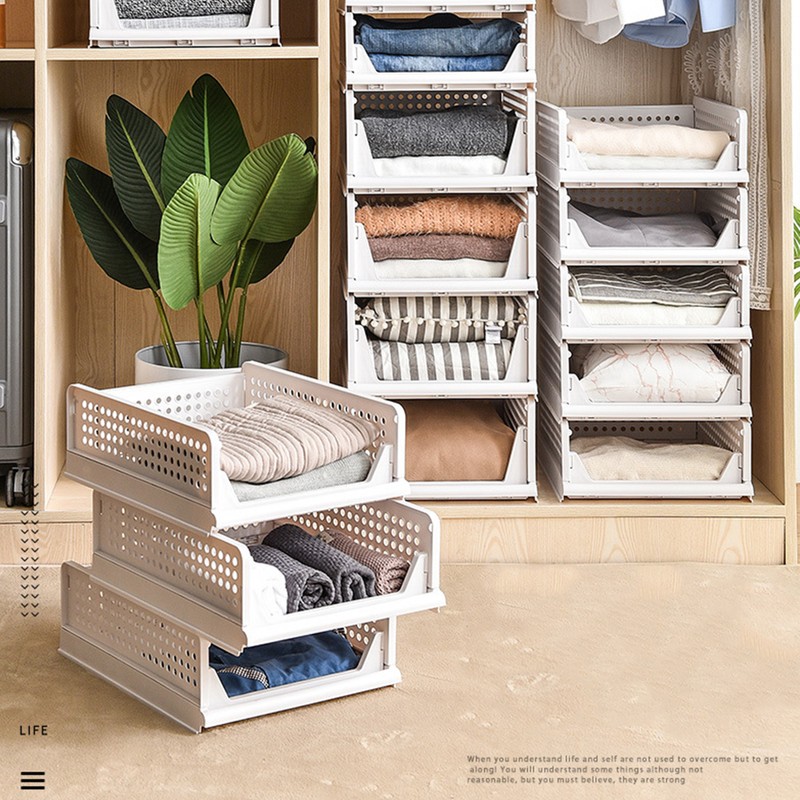 Stackable Storage Basket Plastic Large Open Drawer Wardrobe Cloth Container