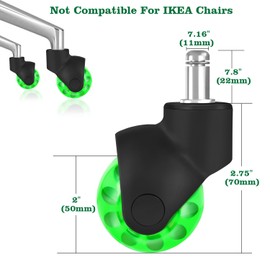 Office Chair Wheels Replacement 2 Inch Rubber Ball Caster Wheels for Wood Floor Carpet Mats, Set of 5, Heavy Duty Desk & Gaming Chair Casters 7/16" (11mm) Grip Ring Stem, Quiet Smooth Rolling (Green)
