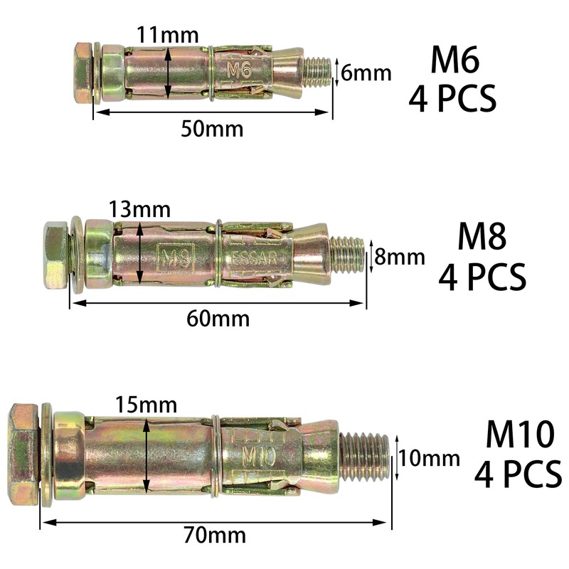 12-Piece Heavy Duty Expansion Bolts, Zinc-Plated Wall Anchor Bolt