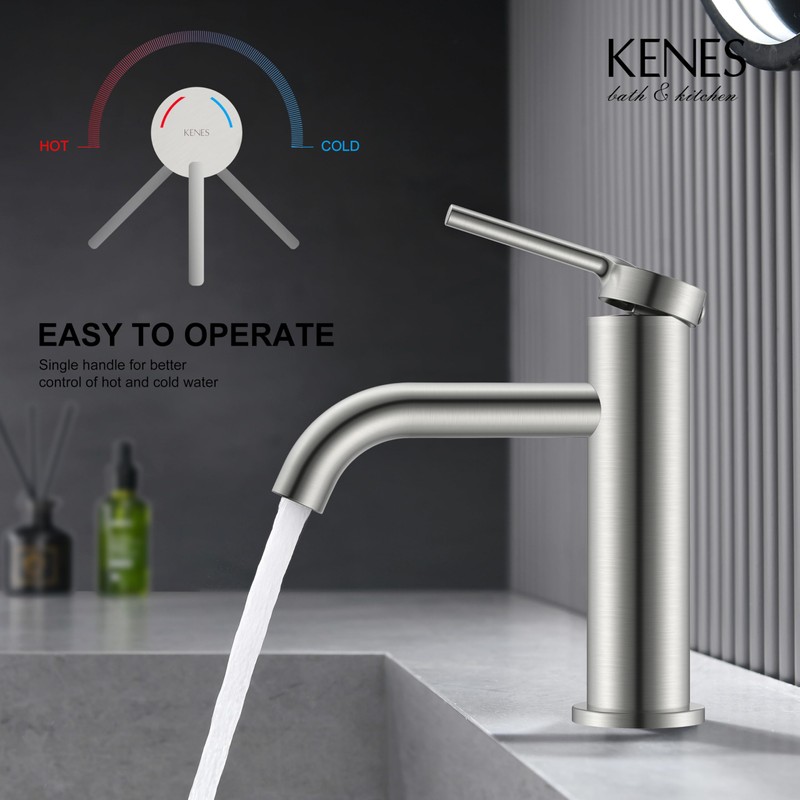 KENES Brushed Nickel Bathroom Faucet Single Hole Modern Bathroom Sink