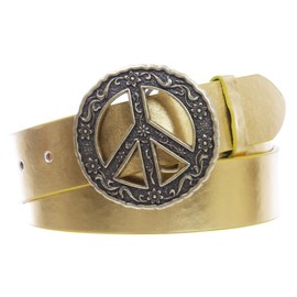 1 1/2" Snap On Belt With Round Perforated Floral Engraving Peace Sign Belt Buckle, Gold | l - 35"~37"